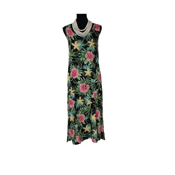 DNLA Sport Black Floral Tropical Print Vent Scoop Neck Sleeveless dress Size M - Picture 1 of 9